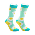 Crew socks with a mint green background and a repeated pattern of sunny-side up eggs in yellow and white. Turquoise accents at the top and bottom.