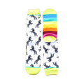 Pair of crew socks. One sock has a white background with black unicorn silhouettes. The other sock has a rainbow stripe pattern.