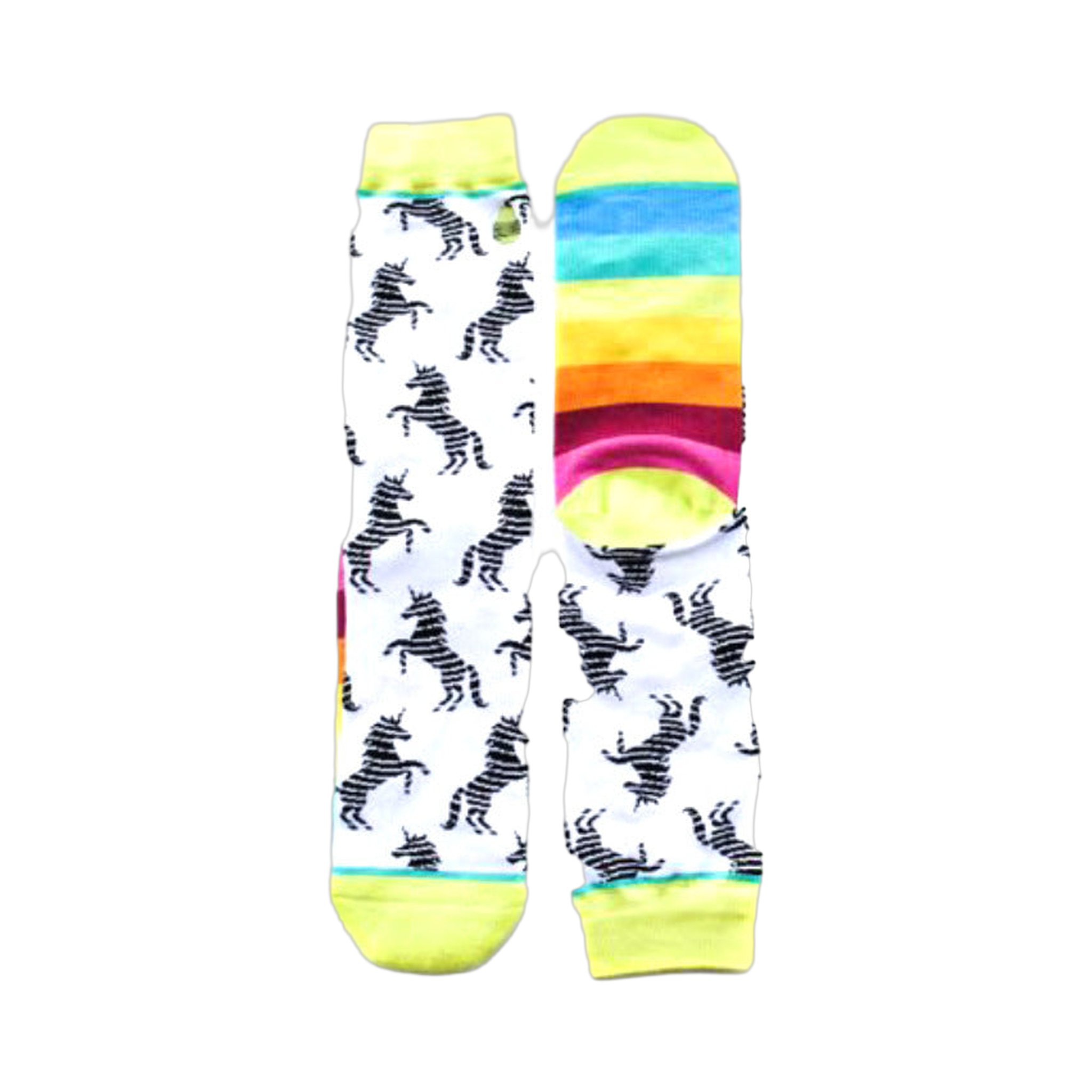 Pair of crew socks. One sock has a white background with black unicorn silhouettes. The other sock has a rainbow stripe pattern.