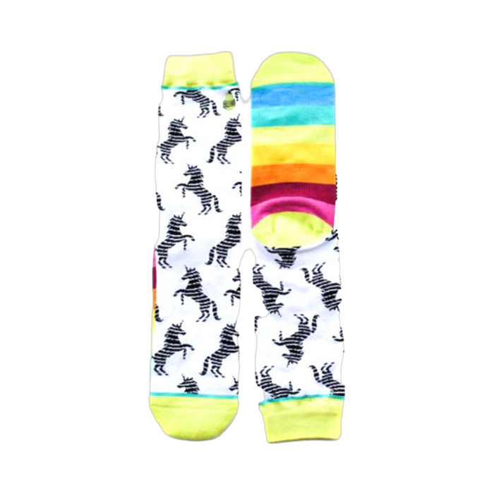 Pair of crew socks. One sock has a white background with black unicorn silhouettes. The other sock has a rainbow stripe pattern. }}