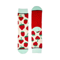 Pair of cream crew socks with red strawberry pattern and mint green cuffs.  Fun and fruity design!