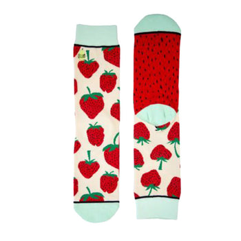 Pair of cream crew socks with red strawberry pattern and mint green cuffs.  Fun and fruity design!