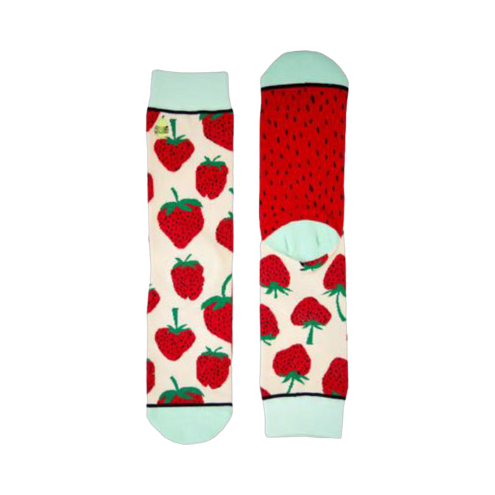 Pair of cream crew socks with red strawberry pattern and mint green cuffs.  Fun and fruity design! }}