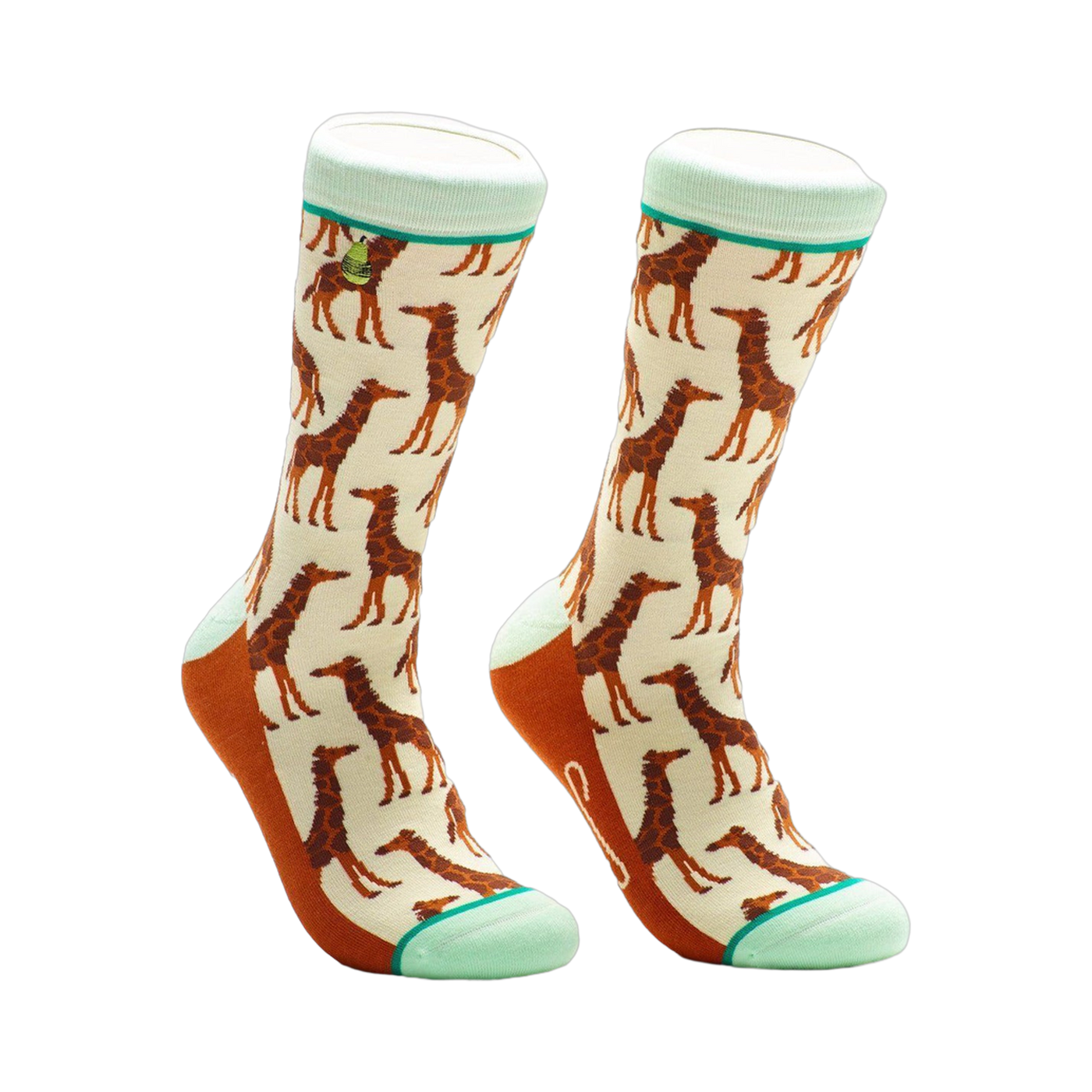Cream crew socks with a repeating pattern of brown giraffes.  Mint green and orange accents are on the cuff and heel.