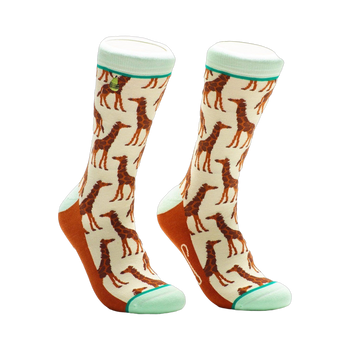 Cream crew socks with a repeating pattern of brown giraffes.  Mint green and orange accents are on the cuff and heel.