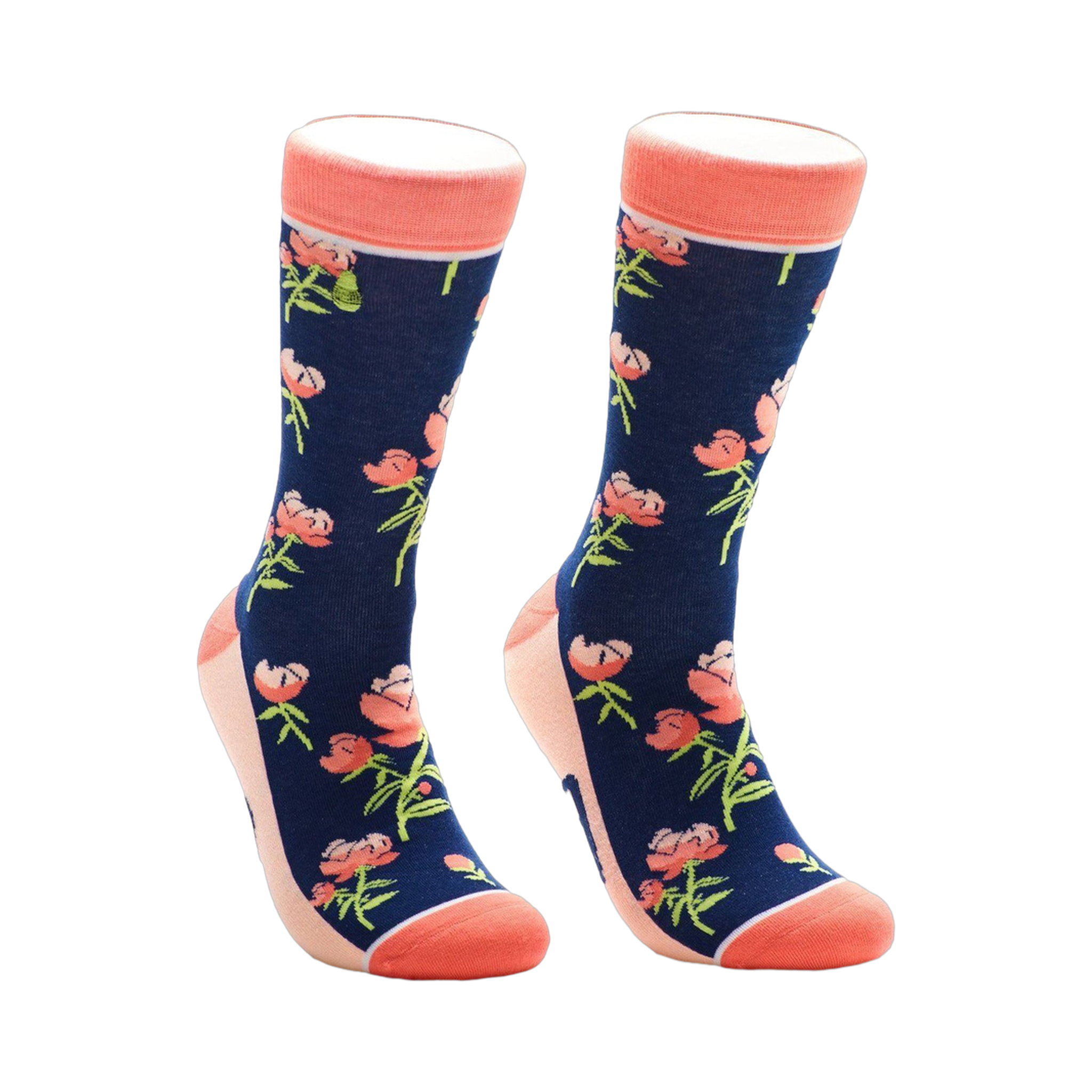 A pair of navy blue crew socks with a pattern of coral peonies and green stems. The socks have a coral-colored cuff.