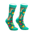 Pair of teal crew socks with illustrated squirrels, acorns, and autumn leaves. Fun and quirky design.