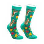 Pair of teal crew socks with illustrated squirrels, acorns, and autumn leaves. Fun and quirky design.