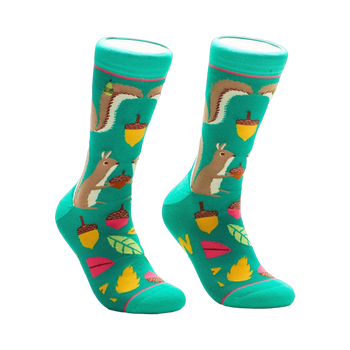 Pair of teal crew socks with illustrated squirrels, acorns, and autumn leaves. Fun and quirky design.