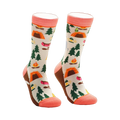 Cream crew socks with orange tents, green trees, and a campfire design. Coral-colored cuffs add a pop.