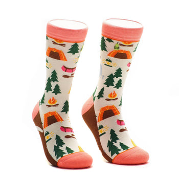 Cream crew socks with orange tents, green trees, and a campfire design. Coral-colored cuffs add a pop.