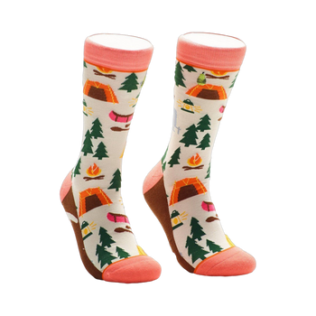 Cream crew socks with orange tents, green trees, and a campfire design. Coral-colored cuffs add a pop.