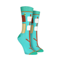 Pair of teal crew socks with a s'mores design.  Features graham crackers, marshmallows, chocolate, and roasting sticks on a teal background.