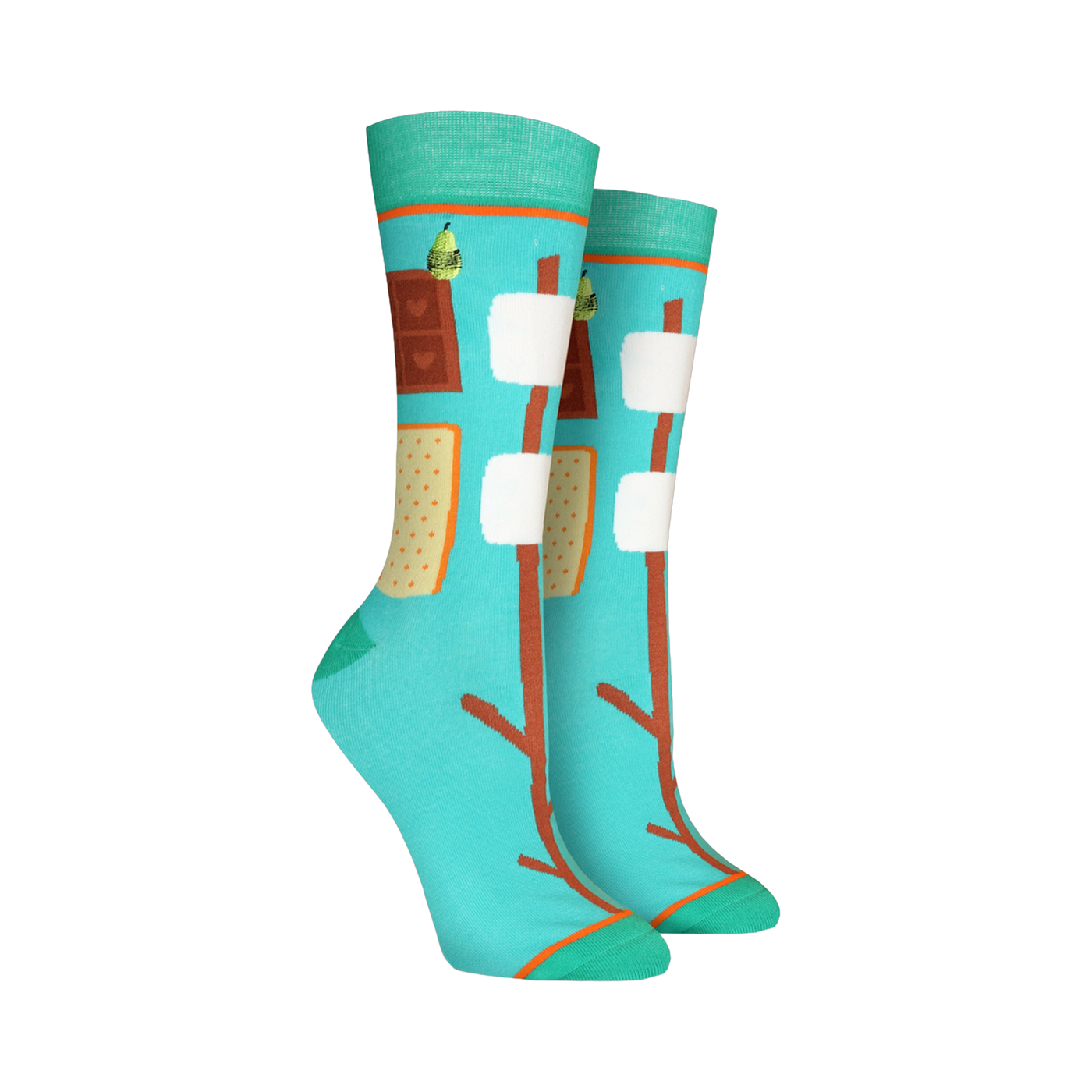 Pair of teal crew socks with a s'mores design.  Features graham crackers, marshmallows, chocolate, and roasting sticks on a teal background.