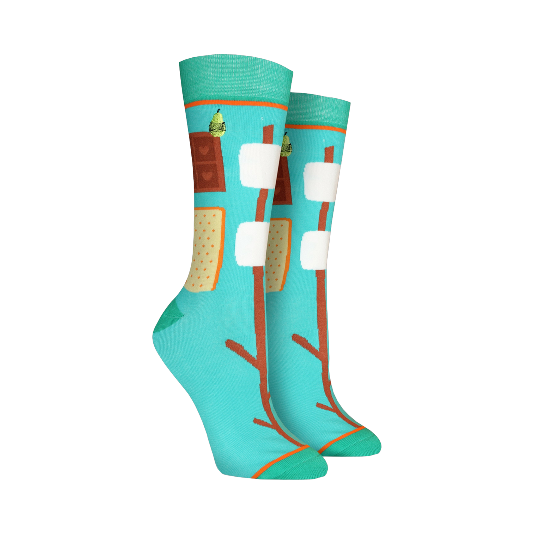 Pair of teal crew socks with a s'mores design.  Features graham crackers, marshmallows, chocolate, and roasting sticks on a teal background.