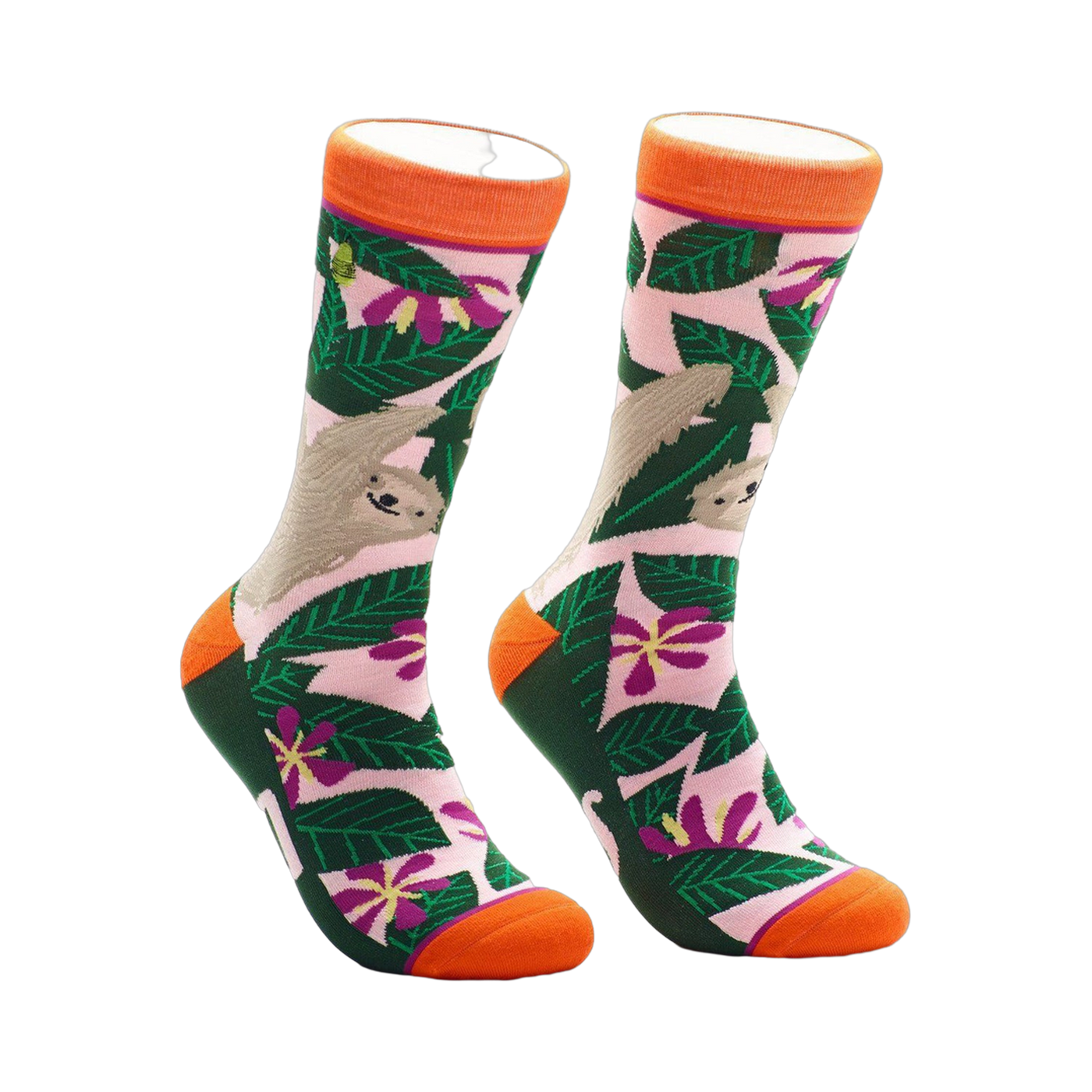 A pair of crew socks with a pink, green, and orange design.  The socks feature sloths hanging from tropical leaves and flowers.