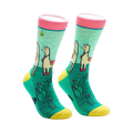 Crew socks in teal, pink, and yellow.  Llamas wearing flower crowns stand in a cactus landscape on a pastel blue background.