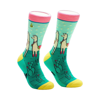 Crew socks in teal, pink, and yellow.  Llamas wearing flower crowns stand in a cactus landscape on a pastel blue background.