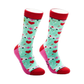Crew socks in red, pink, and mint green.  The design features white ambulances, pink hearts, and red crosses.