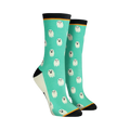 Pair of women's crew socks. Teal background with repeating pattern of small white ghosts. Black and orange cuffs.