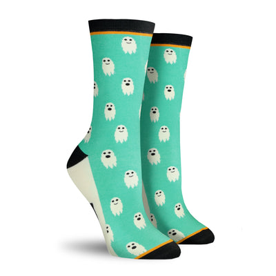 teal green crew socks with a pattern of cartoon ghosts. black eyes, mouths, and the word 'ghost' in an orange band. halloween theme. 'boo' is written on the socks.  