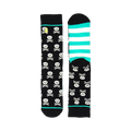Black crew socks with a teal stripe and repeated skull and crossbones pattern. 