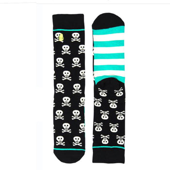 Black crew socks with a teal stripe and repeated skull and crossbones pattern. 