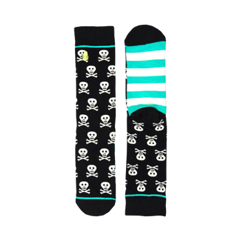 Black crew socks with a teal stripe and repeated skull and crossbones pattern. 