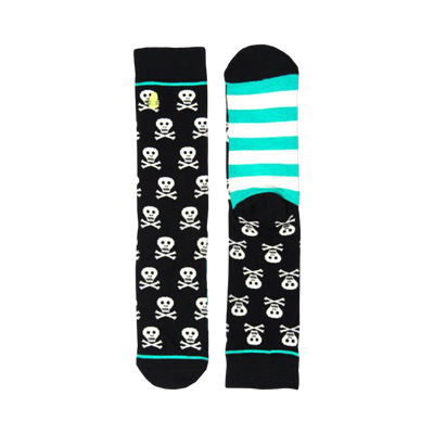 Black crew socks with a teal stripe and repeated skull and crossbones pattern. 
