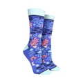 A pair of women's crew socks in blue, adorned with a whimsical undersea design featuring seahorses, coral, fish, and crabs.