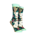 Crew socks with a teal, brown, and pink design. Koalas are featured on a eucalyptus tree background with pink flowers and butterflies.