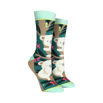 Crew socks with a teal, brown, and pink design. Koalas are featured on a eucalyptus tree background with pink flowers and butterflies.