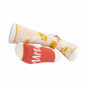 Lifestyle shot of Mama Bear socks on a person's feet, showcasing how they look when worn.