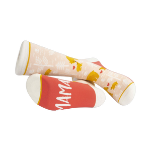 Lifestyle shot of Mama Bear socks on a person's feet, showcasing how they look when worn.