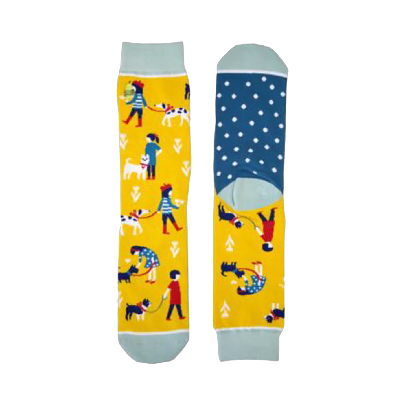 Crew socks in yellow with teal accents. Features illustrated people walking their dogs and a teal polka dot heel.