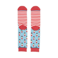 Close-up showing the inside of the Rogue Gnome socks; red and white striped cuffs above the main gnome pattern.