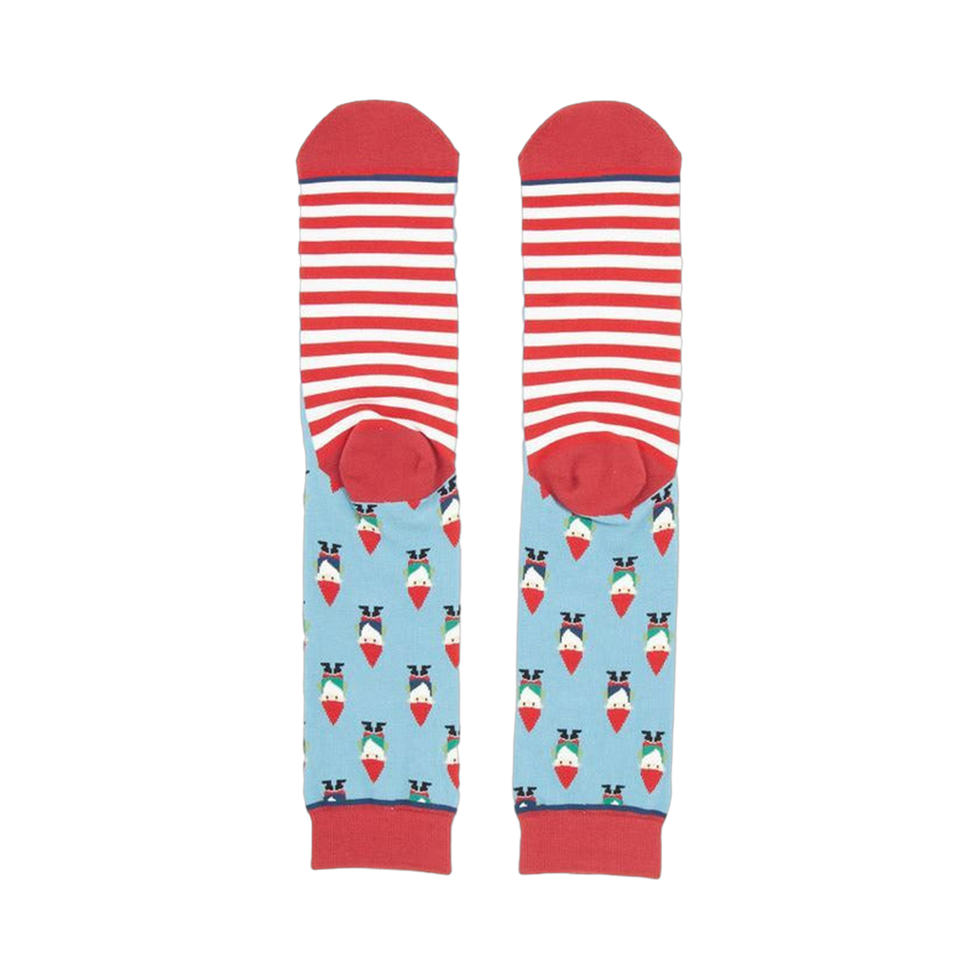 Close-up showing the inside of the Rogue Gnome socks; red and white striped cuffs above the main gnome pattern.