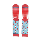Close-up showing the inside of the Rogue Gnome socks; red and white striped cuffs above the main gnome pattern.