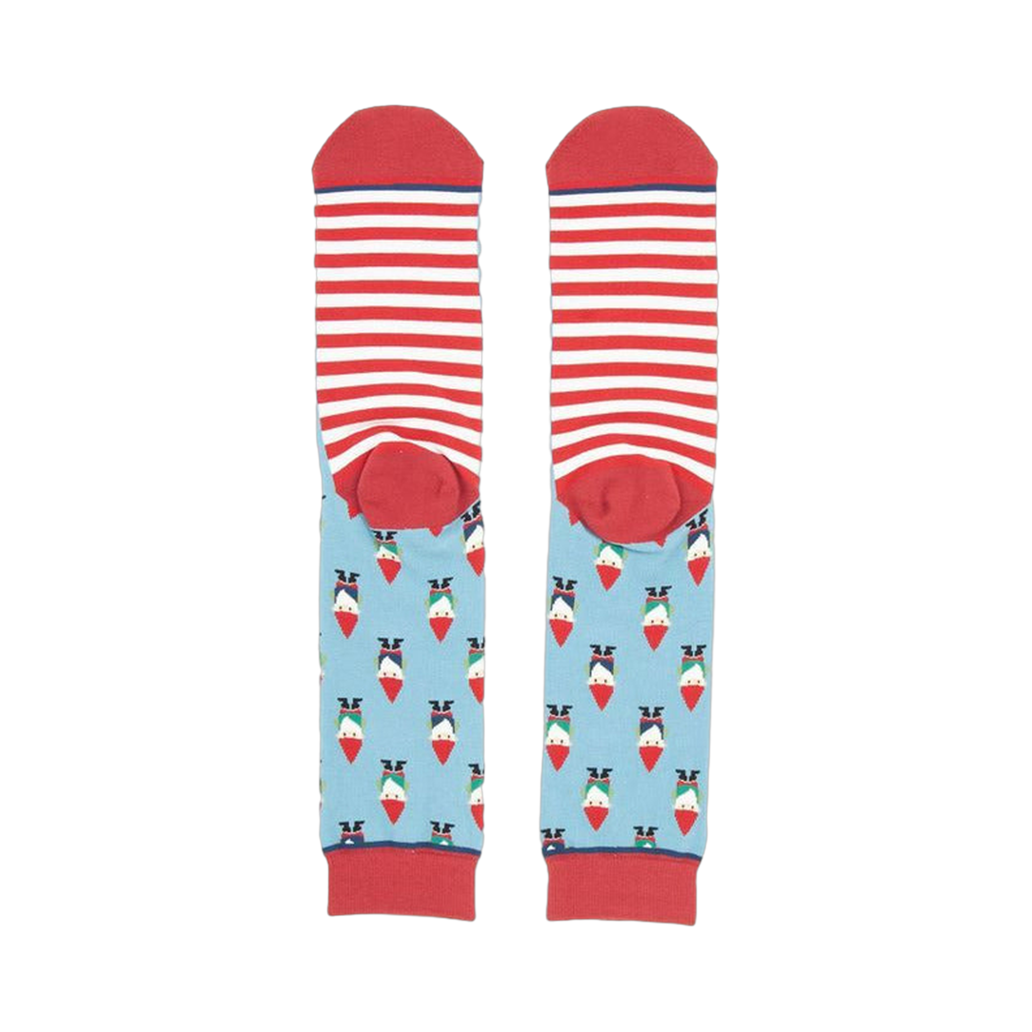 Close-up showing the inside of the Rogue Gnome socks; red and white striped cuffs above the main gnome pattern.