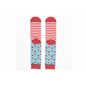 Close-up showing the inside of the Rogue Gnome socks; red and white striped cuffs above the main gnome pattern.