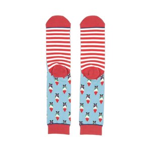 Close-up showing the inside of the Rogue Gnome socks; red and white striped cuffs above the main gnome pattern.