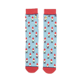Pair of light blue crew socks with a repeating pattern of whimsical gnomes. Red cuffs and a subtle red stripe detail on the inside.
