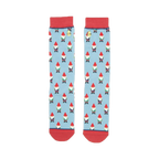 Pair of light blue crew socks with a repeating pattern of whimsical gnomes. Red cuffs and a subtle red stripe detail on the inside.