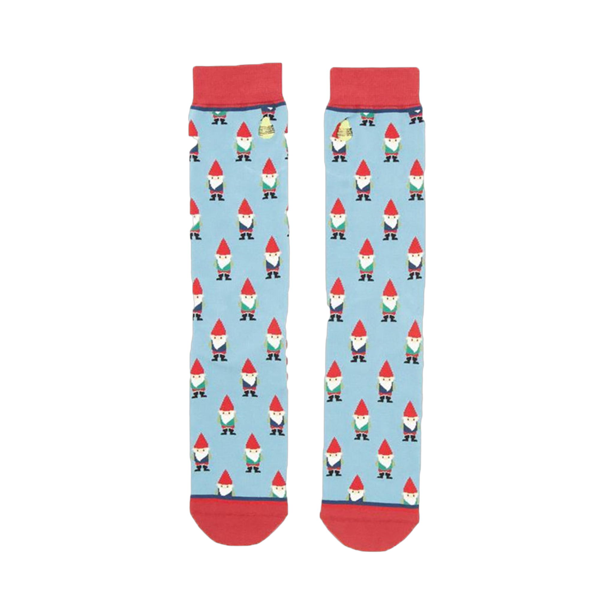 Pair of light blue crew socks with a repeating pattern of whimsical gnomes. Red cuffs and a subtle red stripe detail on the inside.