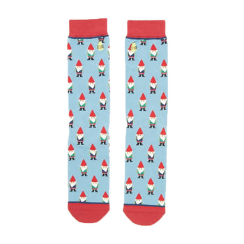 Pair of light blue crew socks with a repeating pattern of whimsical gnomes. Red cuffs and a subtle red stripe detail on the inside.