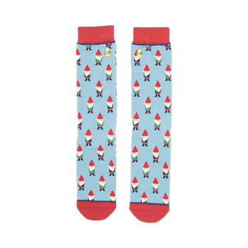 Pair of light blue crew socks with a repeating pattern of whimsical gnomes. Red cuffs and a subtle red stripe detail on the inside.