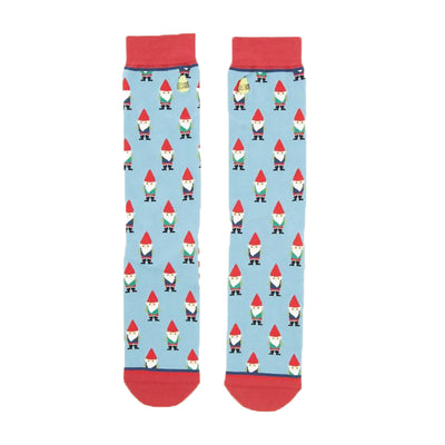 Pair of light blue crew socks with a repeating pattern of whimsical gnomes. Red cuffs and a subtle red stripe detail on the inside.