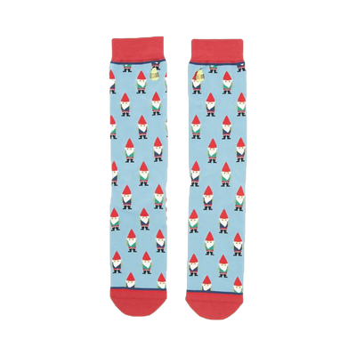 Pair of light blue crew socks with a repeating pattern of whimsical gnomes. Red cuffs and a subtle red stripe detail on the inside.