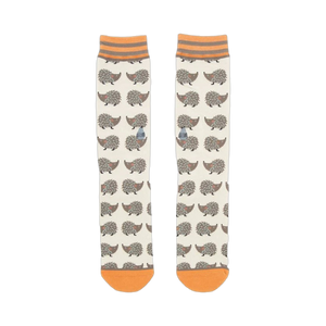 Pair of 'Looking Sharp' hedgehog socks laid flat, showcasing the full design.