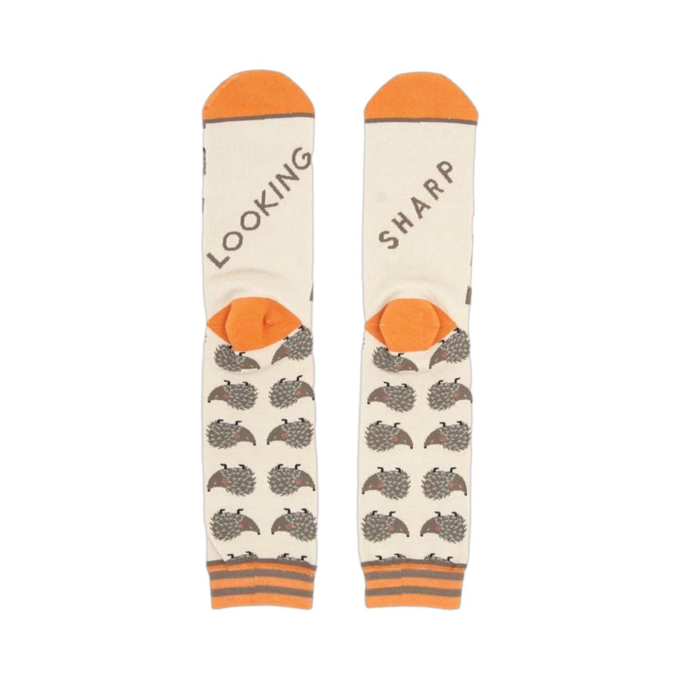 Close-up shot of the socks' heels, revealing 'LOOKING' and 'SHARP' text.